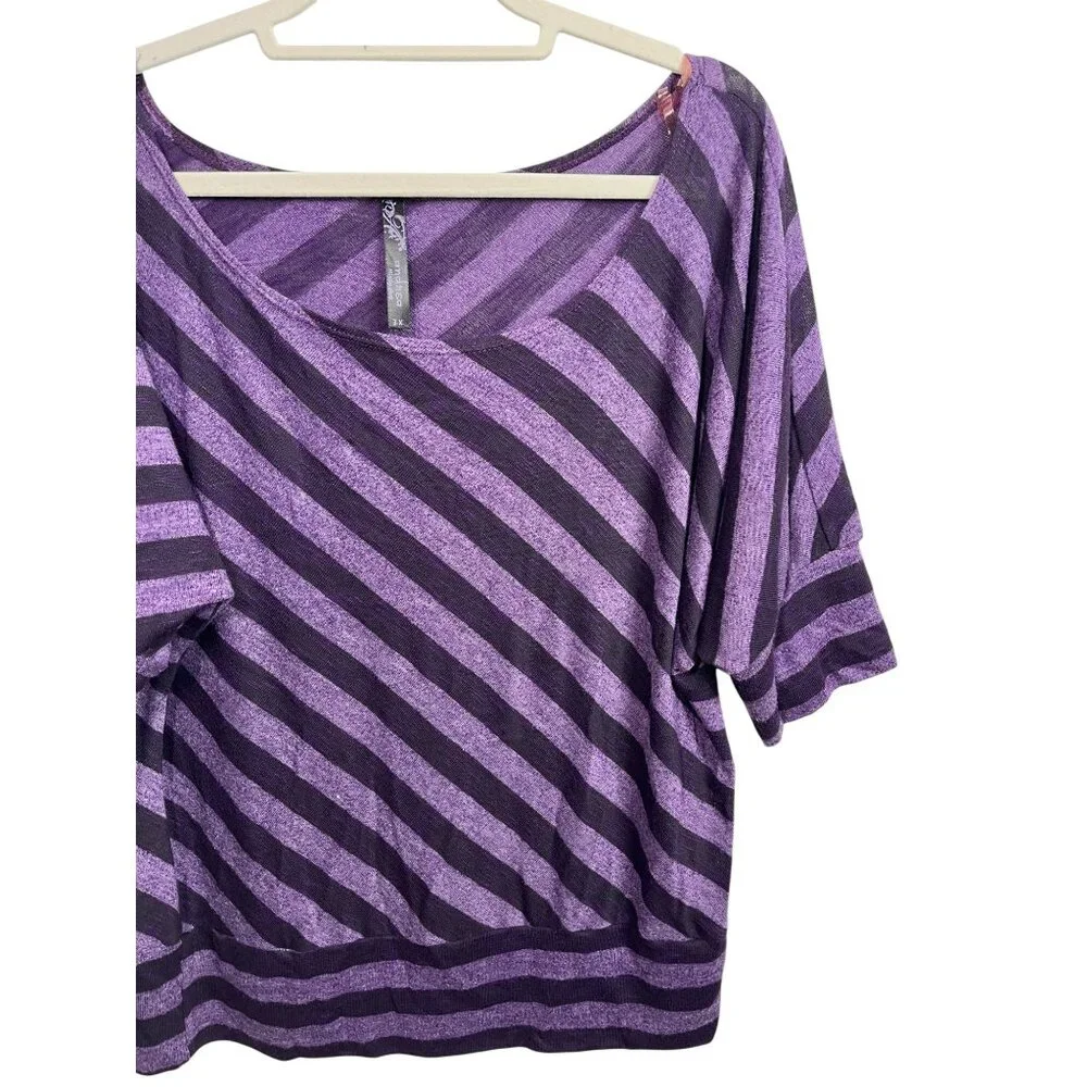 Andrea Purple Striped Top Womens Knit Shirt Dolman Short Sleeve Plus Size 3X - Picture 4 of 16